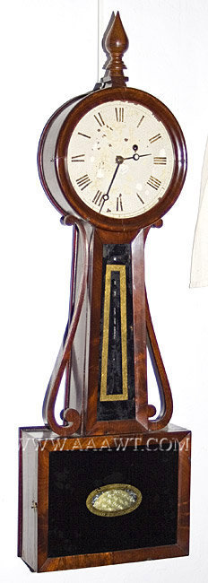 Banjo Clock, Attleboro School, Scrolled Side Arms, Mahogany Veneered
Attributed to Horace Tifft
North Attleboro
Circa 1835 to 1845, angle view