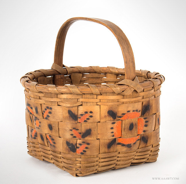 Antique Native American Painted Berry Basket, Likely Pequot or Mohegan, Circa 1840 to 1860, angle view 1