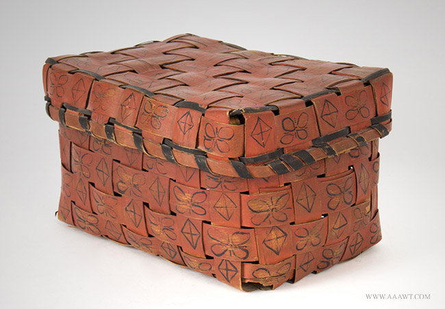 Antique Native American Rectangular Lidded Basket Painted Red, Likely Pequot, Circa 1840 to 1850, angle view