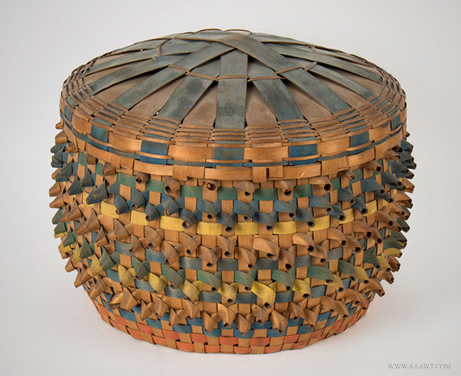 Antique Native American Round Fancy Basket with Lid and Porcupine Cone Decoration, Maine, Circa 1860 to 1880, angle view