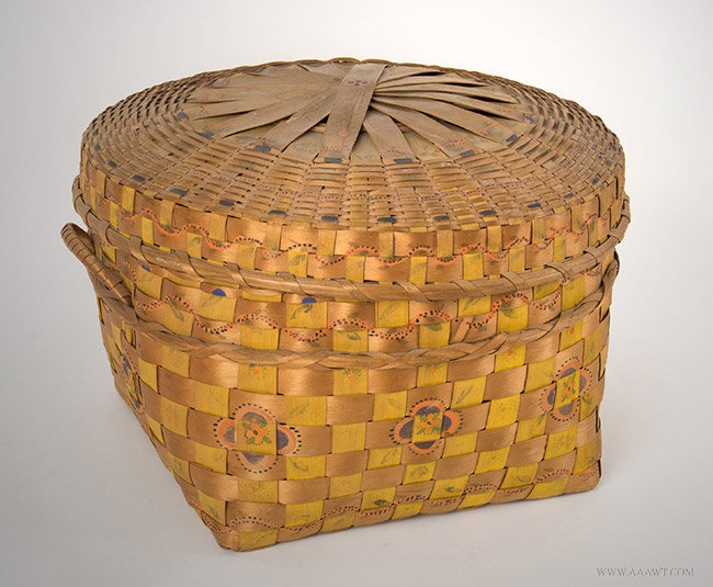 Antique Native American Native American Decorated Lidded Basket, Nipmuck, Circa 1840 to 1860, angle view