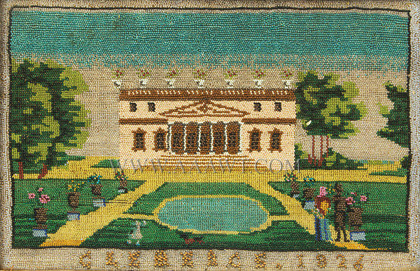 Antique Beadwork Picture of Clemence House, Dated 1826, close up view