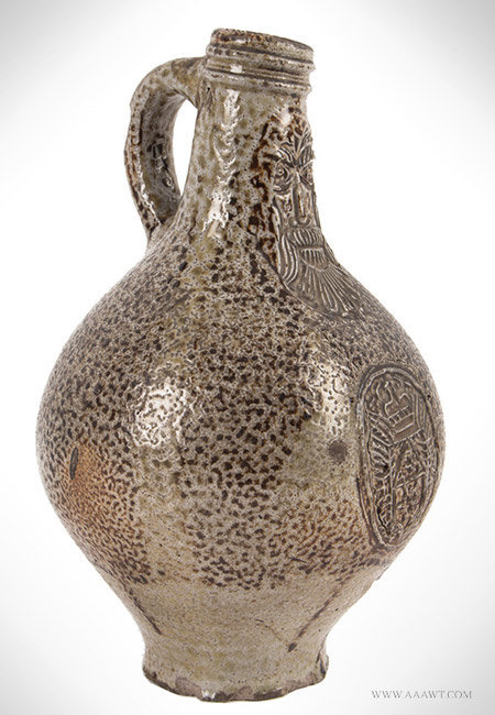 Antique Small Bellarmine Brown Salt Glaze Stoneware Bottle, 17th Century, angle view 2