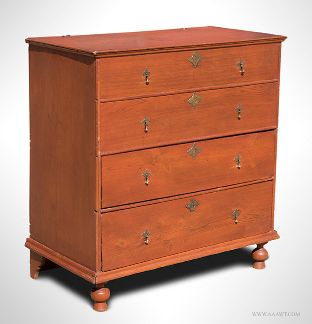 Antique William and Mary Blanket Chest with Original Ball Feet, Early 18th Century, angle view