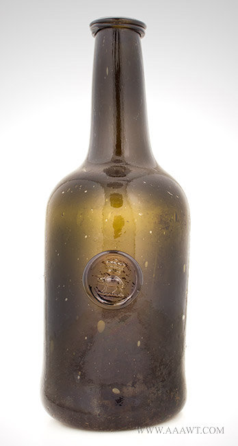 Blown Black Glass Sealed Cylinder Form Wine Bottle, Long Neck
Edgecumbe Family Seal, Baron's Coronet over Boar Statant Crest
English, Circa 1770 to 1780, entire view