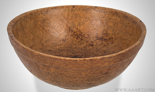Antique Footed Ash Burl Bowl with Turned Collar Rim and Foot, America, Circa 1780 to 1820, angle view