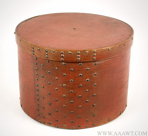 Early Storage Box, Round Bandbox, Original Paint and Decorative Upholstery Tacks
New England, Early 19th Century, entire view