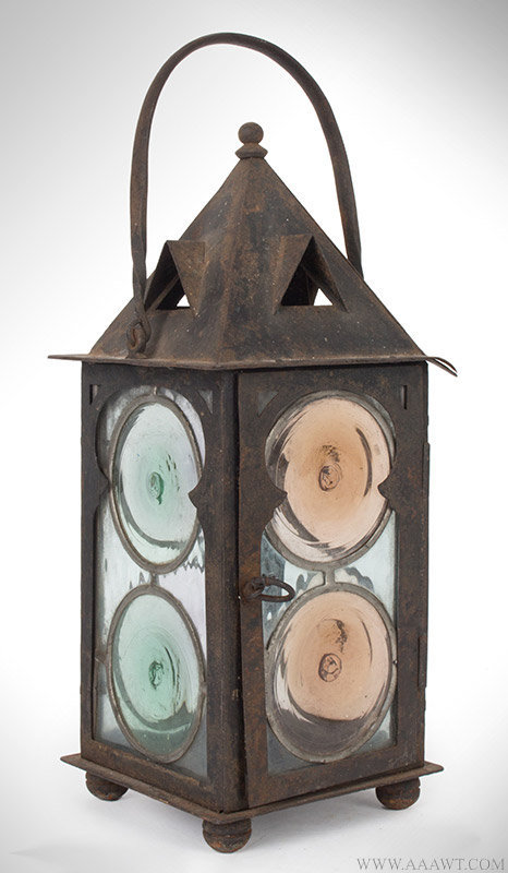 Antique Candle Lantern with Bullseye Glass, Circa 1880 to 1910, angle view 1