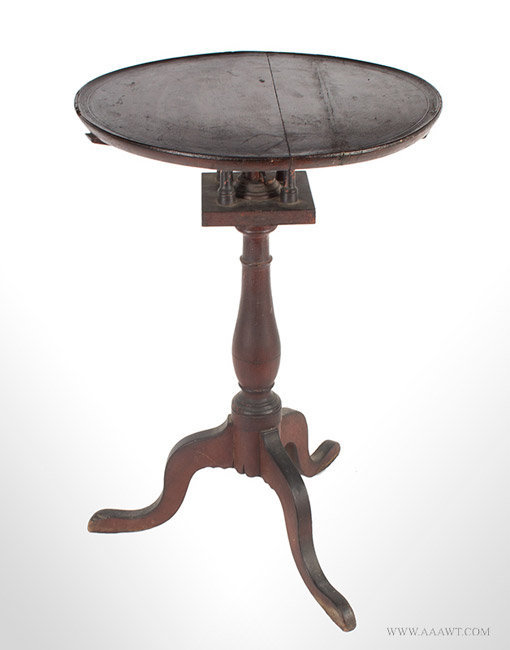 Antique Dished Top Birdcage Candlestand in Old Red Painted Surface, Circa 1760, angle view