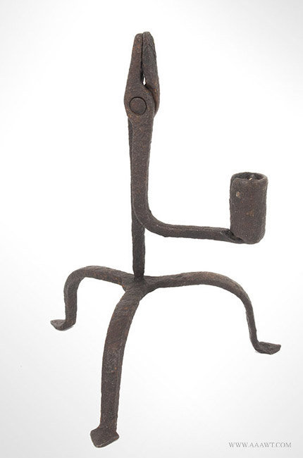Antique Iron Rush Light with Candlesocket Counterweight, Tripod Base, 18th Century, angle view 2