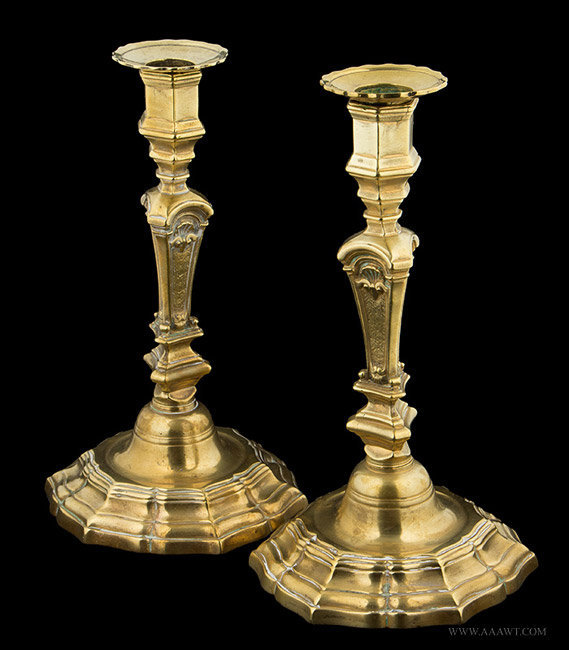 Antique Pair of French Brass Candlesticks, Mid 18th Century, entire view