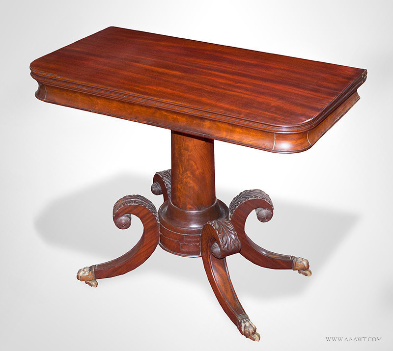 Antique Classical Card Table with Acanthus Carved Saber Legs, Circa 1820, angle view