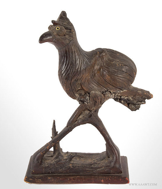 Antique Folk Art Figure of a Bird, Carved Burl Head and Burl Body, By Moses Ogden, facing left view