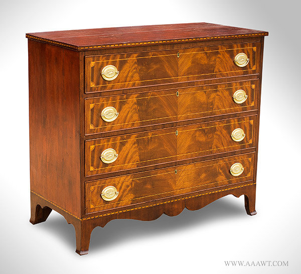 Federal Four Drawer chest with Mahogany Veneer and Fan Inlays, Circa 1810, angle view