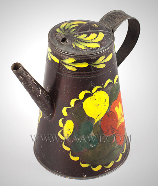 American Painted Tin, Tole Coffee Pot, Lighthouse Form
Angled Spout, Round Reserves with Blossoms 
Attributed to the Filley Shop
Philadelphia
Circa 1810 to 1820, entire view