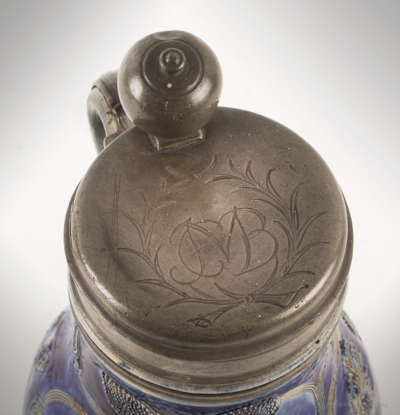 Antique Westerwald Stoneware Salt Glaze Kugelbachkanne, Dated 1694, lid