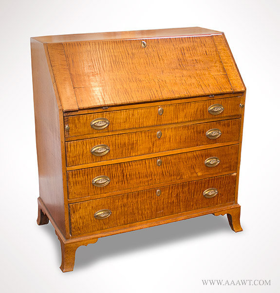 Desk, Federal Slant Front, Curly Maple, Boldly Striped, French Feet
New England, Circa 1790 to 1810, entire view