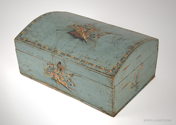 Antique Dome Top Box in Original Blue Paint, 19th Century, angle view