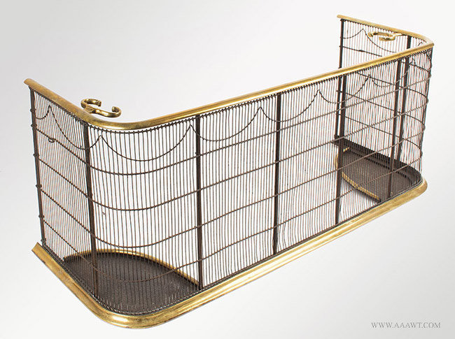 Antique Fireplace Fender with Wirework Screen and Brass Rail, Late 18th or Early 19th Century, angle view
