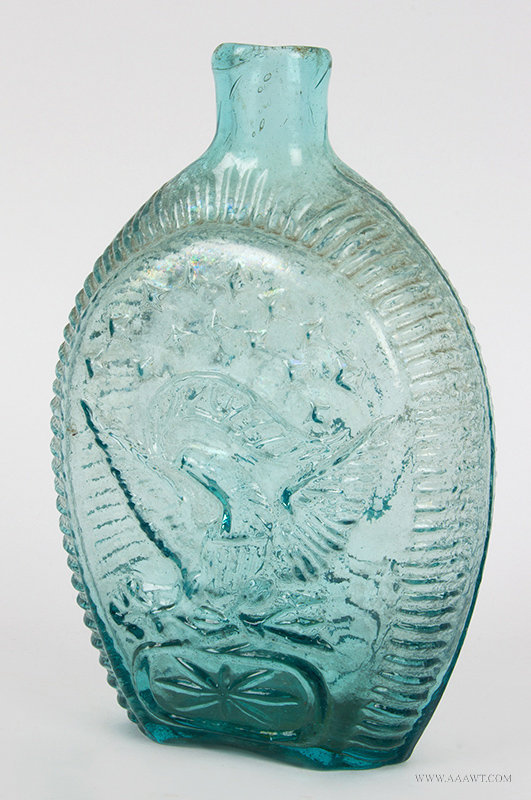 Antique Louisville Double Eagle Aquamarine Flask, Circa 1850's, side 1 entire view