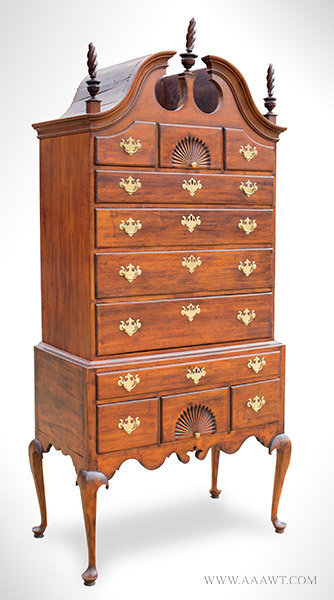 Queen Anne Bonnet Top Highboy, Fan Carved, Full Bonnet, Period Brasses
Massachusetts, Northshore; Likely Salem, Circa 1765 to 1780, entire view