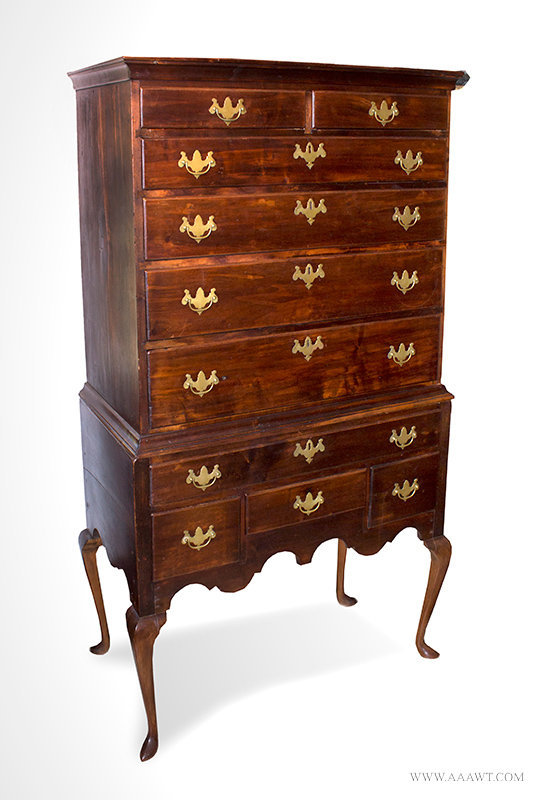 Antique Flat Top Highboy with Detachable Legs and Slipper Feet, Mid 18th Century, angle view