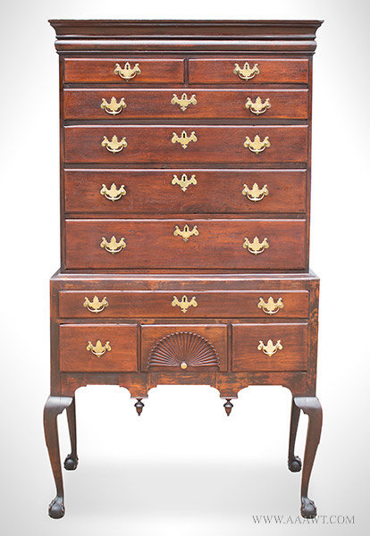 Antique Highboy, Fan Carved, Claw and Ball Feet, Old Surface, Walnut
North Shore Massachusetts, 1750 to 1760, entire view