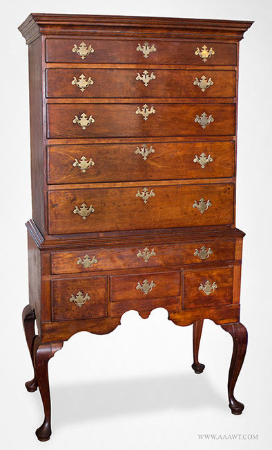 Antique Queen Anne Cherrywood Highboy with Original Brasses, Circa 1760, angle view