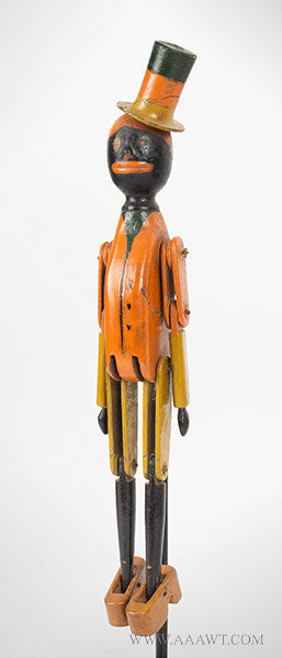 Antique Stick Puppet, Limberjack, Dancing Man with Top Hat, Early 20th Century, left angle view