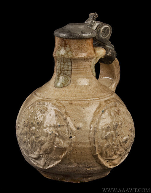 Antique Small Seigburg Salt Glaze Bottle, Circa 1650, angle 1 view