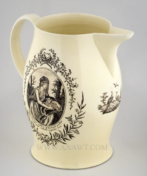 Liverpool Jug, Pitcher, Harvest Home  Sweet maid and Emblem of the lamb Creamware Circa 1800 to 1825, entire view