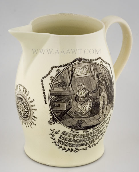 Liverpool Jug, Pitcher, Poor Tom Bowling, Sailors Epitaph    Ship with American Flag, Compass Under Spout    Here A Sheer Hulk Lies Tom Bowling The Darling Of Our Crew    Creamware    Circa 1800 to 1825, entire view