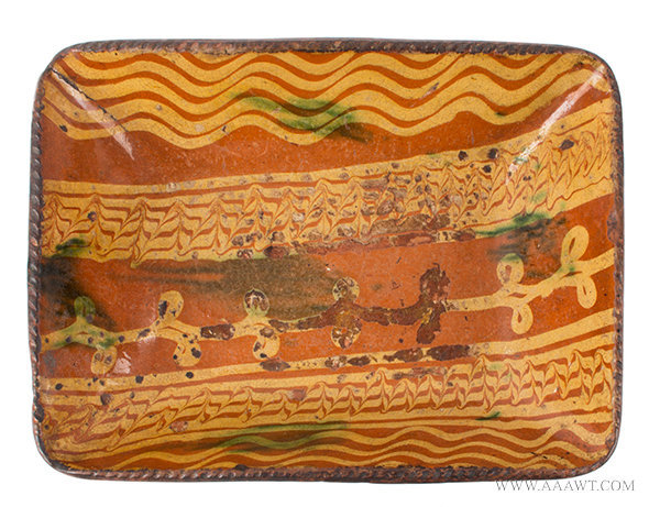 Antique Redware Slip Decorated Oval Dish, Attributed to Leffingwell, Circa 1790 to 1800, entire view