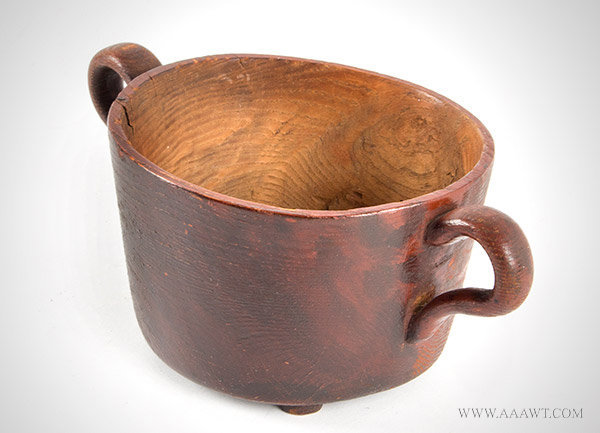 Treen Two Handle Cup, Original Red, Carved in the Round, Ash
American, Likely Circa 1800ish, entire view