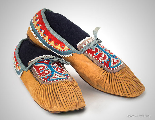 Antique Native American Maliseet Beaded Moccasins, Maine, Circa 1840, angle view 1
