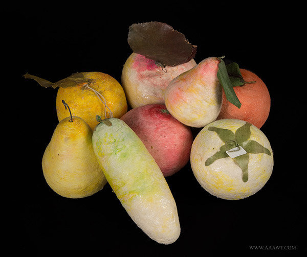 Antique Spun Cotton Crhistmas Ornament Fruits, Set of Eight, Circa 1890 to 1920, group view