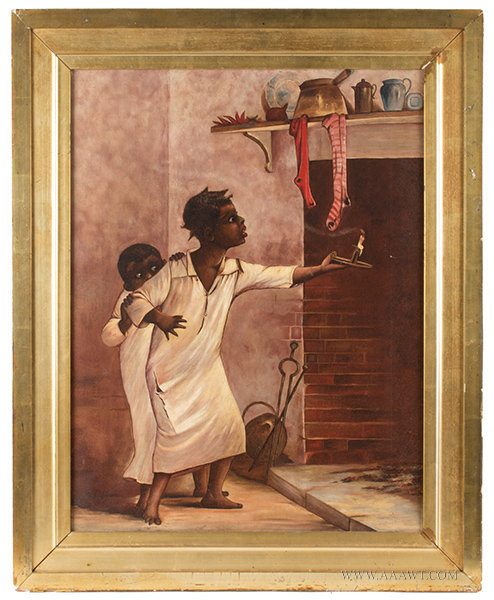 Antique Black Americana Painting of Two Children Waiting for Santa, 19th Century, entire view