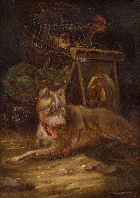 Antique Dog and Wheel Barrow Painting, Oil on Mahogany Panel, 1878, close up view