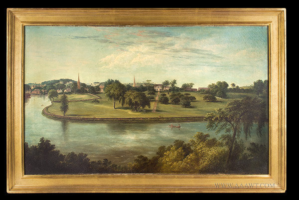 Antique Painting, Landscape, Park Like Setting, Canal, Church Steeples, Towers
American School, 19th Century, entire view