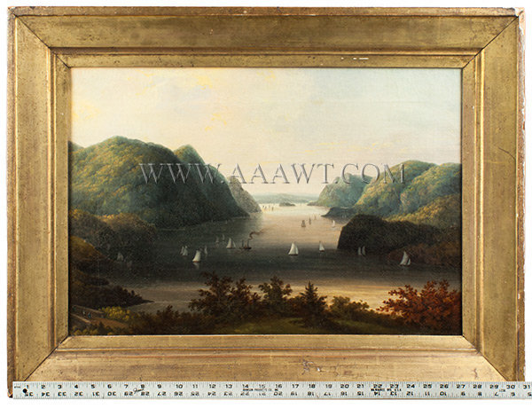 American School, Oil on Canvas Painting, Hudson River School, Landscape
Perhaps West Point looking north with Storm King Mountain in the distance
Anonymous
19th Century, entire view