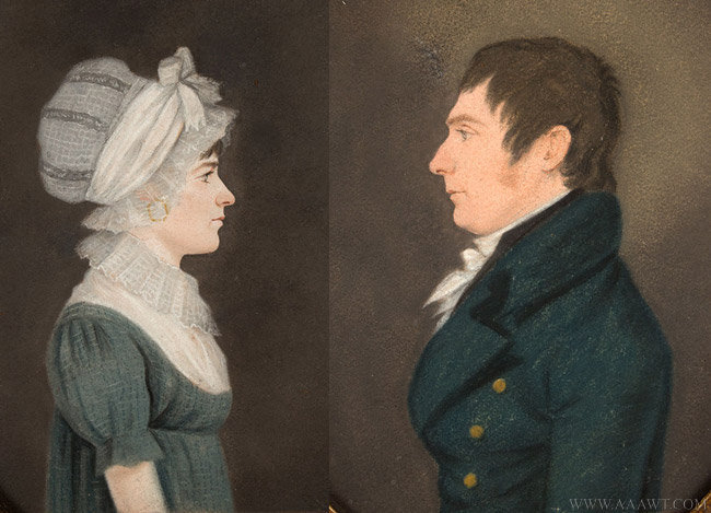 Antique Pair of Pendant Profile Portraits, Pastel on Paper, 18th Century, close up view