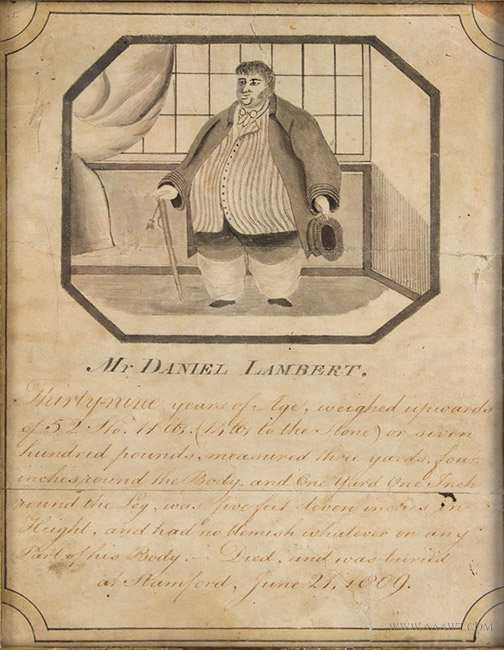 Antique Watercolor of Mr. Daniel Lambert, Britan's Obese Man, 19th Century, close up view