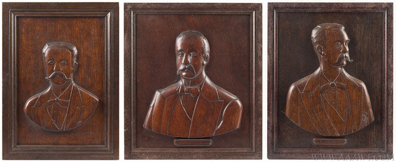 Antique Lot of Three Carved Oak Portrait Plaques by Beguin, 1895, group view