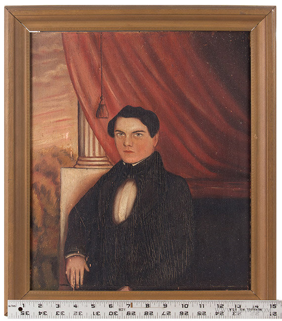 Antique Folk Portrait of a Handsome Young Man in Original Condition, Oil on Panel, 19th Century, with ruler for scale