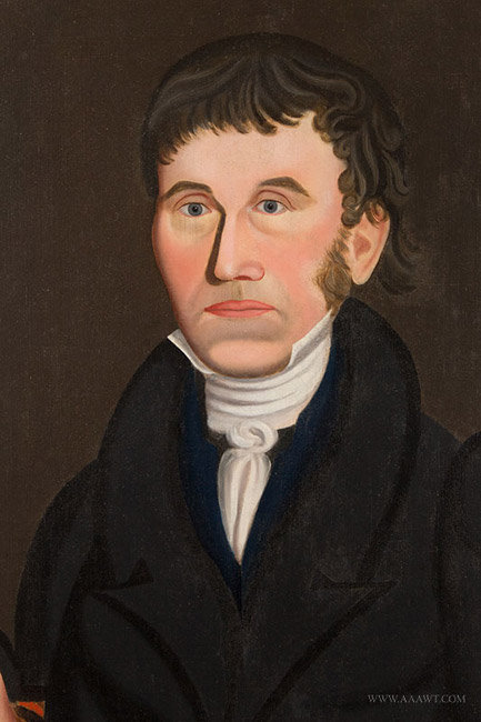 Antique Portrait of a Man Holding a Bible, Attributed to Royal Brewster Smith, Circa 1830, close up view
