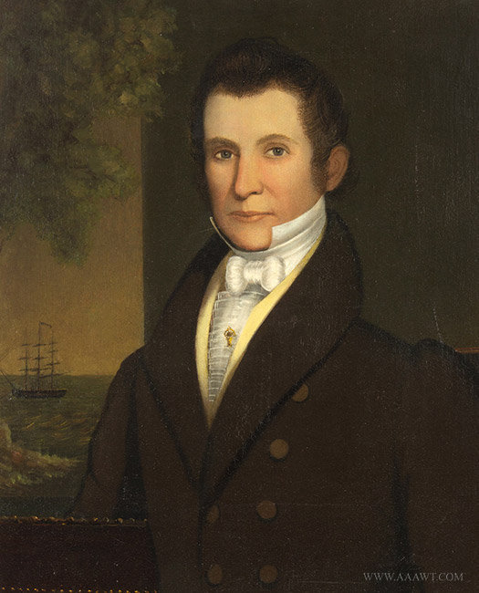 Antique Portrait of a Sea Captain, Within the Circle of John S. Blunt, Circa 1830, close up view