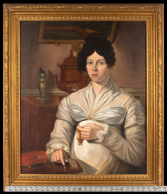 Antique Portrait of a Seated Woman, Oil on Canvas, Circa 1820, with ruler for scale