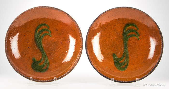 Antique Pair of Redware Dishes with Green Triple Quill Slip Decoration, 19th Century, pair view