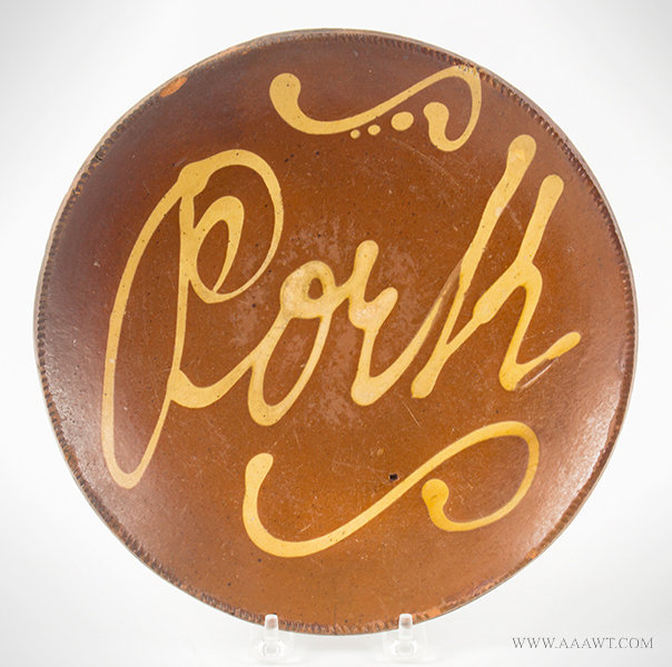 Antique Redware Plate with Yellow Slip Decoration Reading Pork, Cica 1820 to 1840, entire view