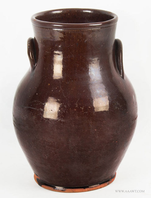 Antique Ovoid Redware Jar with Dark Brown Blaze, 19th Century, entire view